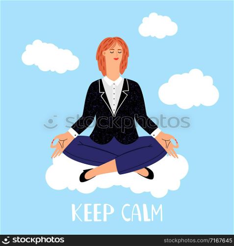 Woman meditations on clouds vector illustration. Meditation yoga and relax, body pose for meditating. Woman meditations on clouds vector illustration isolated