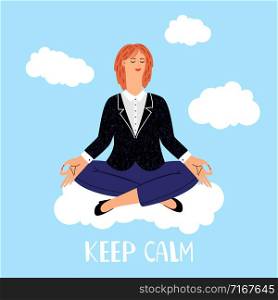 Woman meditations on clouds vector illustration. Meditation yoga and relax, body pose for meditating. Woman meditations on clouds vector illustration isolated