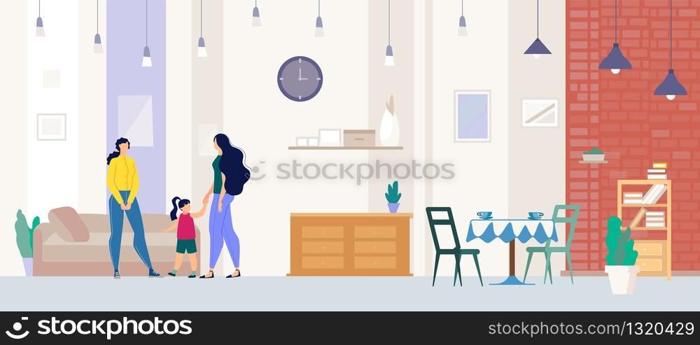 Woman Meeting with Guests at Home, Mother with Daughter Visiting Friend, Female Realtor, Real Estate Agent Showing Comfortable Apartment or Home to Client or Potential Client Flat Vector Illustration