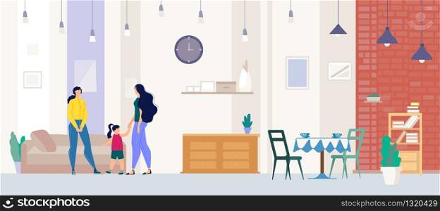 Woman Meeting with Guests at Home, Mother with Daughter Visiting Friend, Female Realtor, Real Estate Agent Showing Comfortable Apartment or Home to Client or Potential Client Flat Vector Illustration
