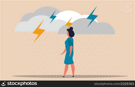 Woman mental health and sitting alone. Human issues problem and therapy frustrated feel vector illustration concept. Confusion and depressed girl with rain cloud. Mindfulness and emotional character