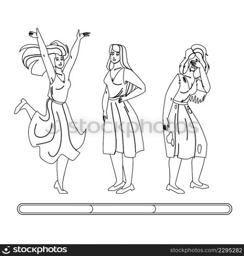 Woman Mood Laughing, Smiling And Crying Black Line Pencil Drawing Vector. Young Girl Different Mood Expression Sadness And Happiness, Positive And Negative. Character Emotions Frustration And Happy. Woman Mood Laughing, Smiling And Crying Vector