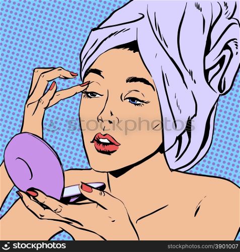 Woman morning after a shower do makeup style art pop retro. Woman morning after a shower do makeup Halftone style art pop retro vintage. The lady in the towel on his head he looks at the mirror powder and applied the makeup on your face
