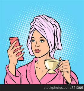 woman morning bathroom coffee smartphone. Pop art retro vector illustration drawing. woman morning bathroom coffee smartphone