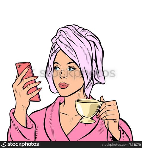 woman morning bathroom coffee smartphone. Pop art retro vector illustration drawing. woman morning bathroom coffee smartphone