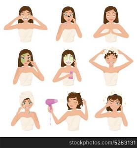 Woman Morning Routine Icon Set. Colored woman morning routine icon set with woman wash her hear face create make up vector illustration