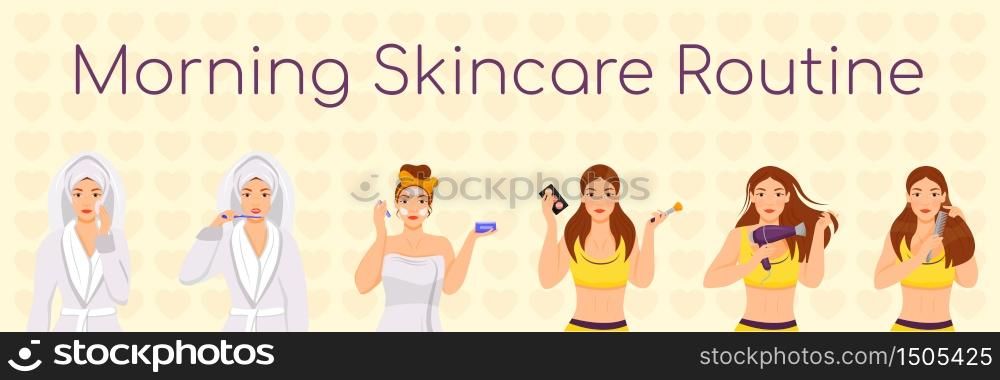 Woman morning skincare routine flat color vector characters set. Face and hair daily procedures isolated cartoon illustrations on white background. Girl cleansing face, doing make up, styling hair