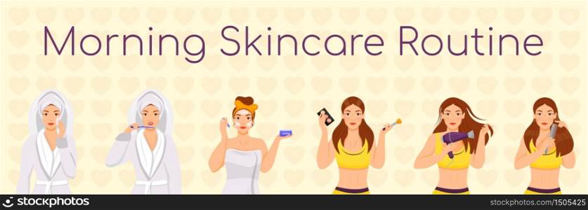 Woman morning skincare routine flat color vector characters set. Face and hair daily procedures isolated cartoon illustrations on white background. Girl cleansing face, doing make up, styling hair