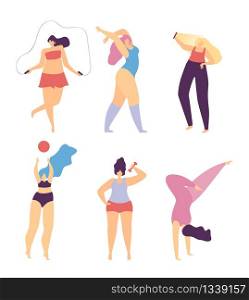 Woman Motivational Flat Banner Love Sport and Make Body Concept Vector Illustration Isolated Active Girls Jumping Rope Doing Fitness Dumbbells Yoga Playing Volleyball Sunbathing Inspirational Template. Woman Motivate Love Sport Make Body Flat Banner