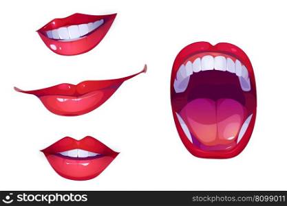 Woman mouth illustration vector set. Cartoon female lips with scream and smile emotion. Isolated girl lip, tongue and teeth expression for yelling and screaming. Young shouting lady drawing.. Woman mouth, cartoon lips with scream and smile