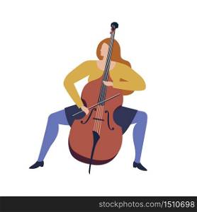 Woman musician playing violoncello cartoon funny illustration in vector. Women professions collection.. Woman musician playing violoncello cartoon funny illustration in vector.