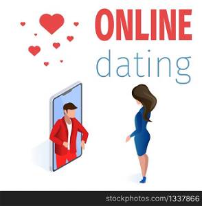 Woman near Mobile Phone Attractive Man on Screen Vector Isometric Illustration. Online Dating Application Concept. Smartphone Digital Internet App Match Love Search Romantic Relationship. Woman near Mobile Phone Man on Screen Illustration