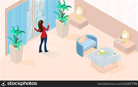 Woman near Window in Cozy Modern Simple Hotel Room with Breakfast and Coffee Cup on Table Vector Isometric Illustration. Luxury Contemporary Apartment for Business Trip Travel Resort. Woman near Window in Modern Simple Hotel Room