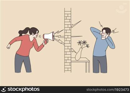 Woman neighbor scram yell in loudspeaker annoy or bother man living next door. Neigbour shouting loud in megaphone to bother flat mate. Housing, renter problem. Flat vector illustration. . Woman neighbor shout in loudspeaker annoying flat mate