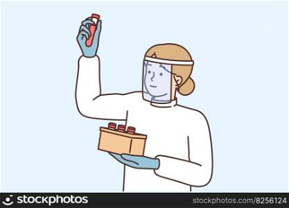 Woman nurse holds test tube with patient blood to make analysis for presence of virus or infection. Nurse of virology hospital is wearing protective clothing and mask to avoid infection with epidemic . Woman nurse holds test tube with patient blood to make analysis for presence of virus or infection