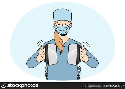 Woman nurse in medical uniform and facemask resuscitating patient in hospital. Female worker use defibrillator in ER in clinic. Medicine and healthcare. Vector illustration.. Nurse hold defibrillator resuscitating in hospital