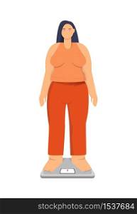 Woman obese on the scales. The concept of extra pounds, overeating, health problems, obesity. Poor nutrition, metabolic disorders.. Woman obese on the scales. The concept of extra pounds