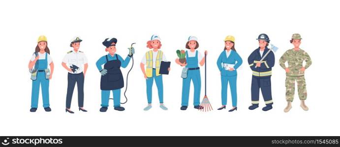 Woman occupations flat color vector detailed characters set. Hard working cheerful women. Non traditional female jobs isolated cartoon illustration for web graphic design and animation. Woman occupations flat color vector detailed characters set