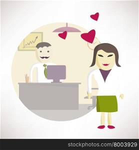 Woman office manager in love with a man in the office. Concept flat vector illustration