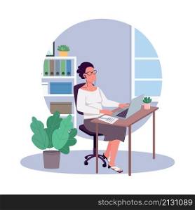 Woman office semi flat color vector character. Sitting figure. Full body person on white. Corporate room isolated modern cartoon style illustration for graphic design and animation. Woman office semi flat color vector character