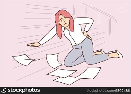 Woman office worker fell down stairs and injured back dropping papers on floor. Businesswoman fell due to excessive haste associated with strict deadlines or fatigue from overwork.. Woman office worker fell down stairs and injured back dropping papers and documents on floor.