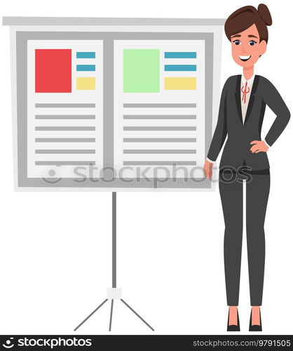 Woman office worker stands near presentation board with information presents financial statement. Project management and business meeting concept. Consulting team, business analysis planning. Woman office worker stands near presentation board with information presents financial statement