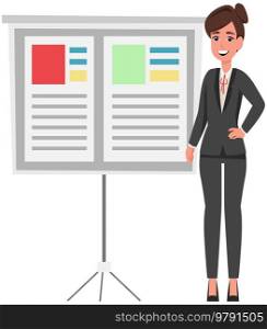 Woman office worker stands near presentation board with information presents financial statement. Project management and business meeting concept. Consulting team, business analysis planning. Woman office worker stands near presentation board with information presents financial statement