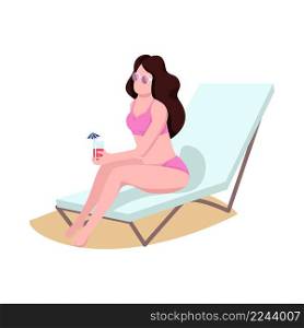 Woman on beach longue semi flat color vector character. Sitting figure. Full body person on white. Beach relaxation simple cartoon style illustration for web graphic design and animation. Woman on beach longue semi flat color vector character