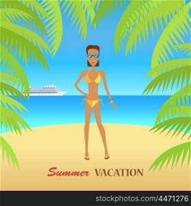 Woman on Beach with Sand and Palm. Beach with sand and palm trees in shiny day. Woman in sunglasses. Summer vacation concept. Vector illustration