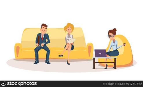Woman on Bean Bag Chair, Employee Sit on Couch. Business People Wait for Job Interview on Sofa. Female Worker with Cup of Tea or Coffee Work by Computer on Table. Cartoon Flat Vector Illustration. Woman on Bean Bag Chair, Employee Sit on Couch