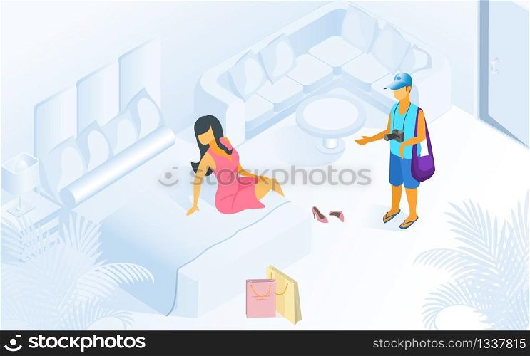 Woman on Bed Man Waiting at Modern Room Vector Isometric Illustration. Female Resting after Shopping in Bedroom. Family Vacation Holiday Trip Comfortable Cozy Apartment Resort Hotel. Woman on Bed Man Wait at Modern Room Illustration