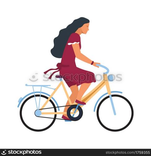 Woman on bike. Cartoon female character riding on bicycle. Profile view of isolated young cute cyclist. Modern girl traveling around city on cycle and biking in park. Vector summer outdoor activity. Woman on bike. Cartoon female character riding on bicycle. Profile view of young cute cyclist. Girl traveling around city on cycle and biking in park. Vector summer outdoor activity
