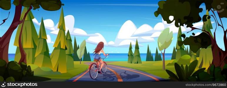 Woman on bike in forest road near sea nature back view vector background. Girl ride bicycle on path to ocean water in summer weekend. Pine tree and green grass outdoor environment scenery design. Woman on bike in forest road near sea nature view