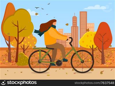 Woman on bike vector, female character riding bicycle in autumn park. Cityscape with skyscrapers and trees with falling leaves. Fall season and weekends pastime of people, bicyclist in warm clothes. Woman Riding Bicycle in Autumn Park of City Vector