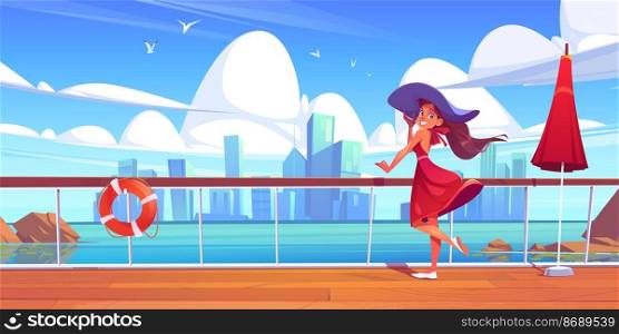 Woman on cruise liner deck on sea view and city skyline, girl in summer dress and hat relax on ship or sailboat in ocean. Summertime vacation journey on passenger vessel, Cartoon vector illustration. Woman on cruise liner deck on sea and city view