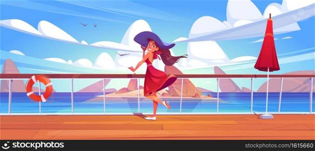 Woman on cruise liner deck or quay on seascape view, girl in summer dress and hat relax on ship or sailboat in ocean. Summertime vacation journey on passenger vessel, Cartoon vector illustration. Woman on cruise liner deck or quay on seascape