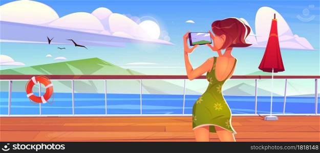 Woman on cruise liner deck shoot seascape view on smartphone, girl in summer dress photographing ocean on ship or sailboat. Summertime vacation journey on passenger vessel, Cartoon vector illustration. Woman on cruise liner deck shoot seascape view
