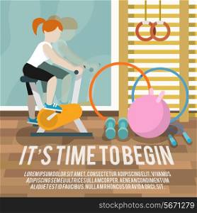Woman on cycling machine in gymnasium fitness lifestyle time to begin poster vector illustration
