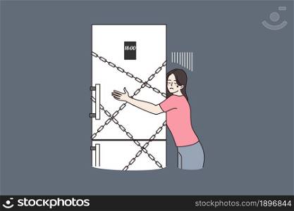 Woman on diet hug fridge in chains in evening. Female lose weight with refrigerator at home. Girl not allowed food at night. Eating disorder concept. Isometric composition, flat vector illustration. . Woman hug fridge locked with chains for night
