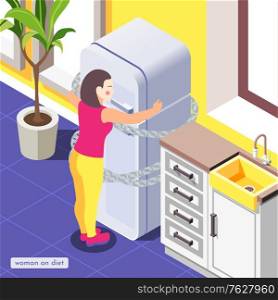 Woman on diet isometric background composition with kitchen interior and female character chaining the fridge up vector illustration