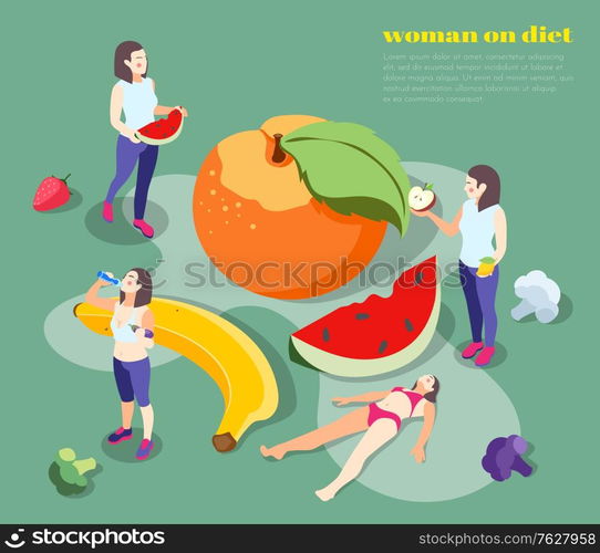 Woman on diet isometric background composition with text and fruits with slices surrounded by female characters vector illustration