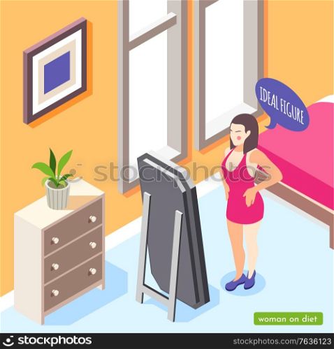 Woman on diet isometric background with bedroom interior indoor composition and female character looking in mirror vector illustration