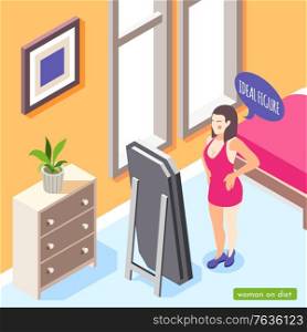 Woman on diet isometric background with bedroom interior indoor composition and female character looking in mirror vector illustration