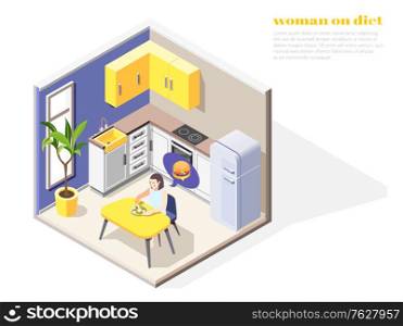 Woman on diet isometric composition with editable text and kitchen scenery with woman dreaming of burger vector illustration