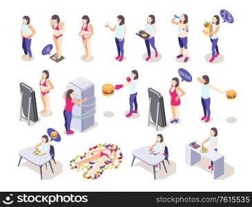 Woman on diet isometric icons collection with female human characters losing and putting on some weight vector illustration