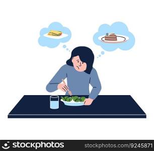 Woman on diet. Sad female eating green vegetables salad and drink water but dream about cake and sandwich. Healthy lifestyle or anorexia vector concept of diet and organic vegetable illustration. Woman on diet. Sad female eating green vegetables salad and drink water but dream about cake and sandwich. Healthy lifestyle or anorexia vector concept