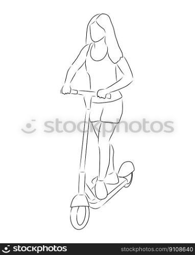 Woman on electric scooter, vector. Hand drawn sketch. A woman in shorts and a T-shirt rides an electric scooter.