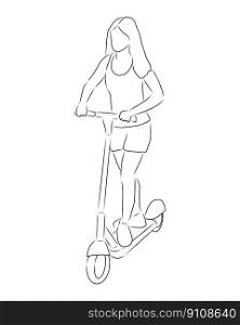 Woman on electric scooter, vector. Hand drawn sketch. A woman in shorts and a T-shirt rides an electric scooter.