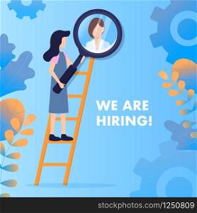 Woman on Ladder Zoom Girl Avatar with Magnifier. Female Character Hold Magnifying Glass. Social Media Profile Analyze Hiring Personnel. Candidate Headshot. Flat Cartoon Vector Illustration. Woman on Ladder Zoom Girl Avatar with Magnifier