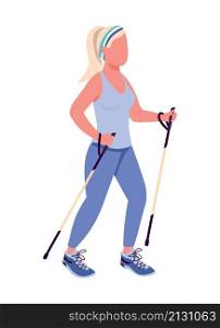 Woman on nordic walk semi flat color vector character. Active figure. Full body person on white. Exercising outdoor isolated modern cartoon style illustration for graphic design and animation. Woman on nordic walk semi flat color vector character